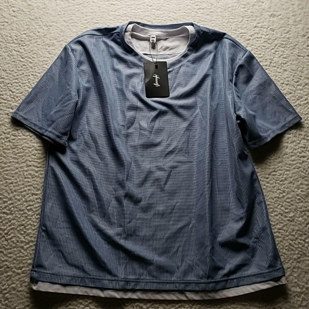 Hoooyi Shirt Mens Large Blue Short Sleeve Check Knit Layered Casual Tee Top